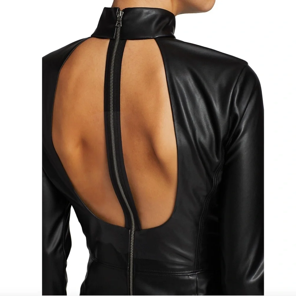 NWT $330 ALICE + OLIVIA Delora Faux-Leather Mock-Neck Open-Back Dress in size 0!